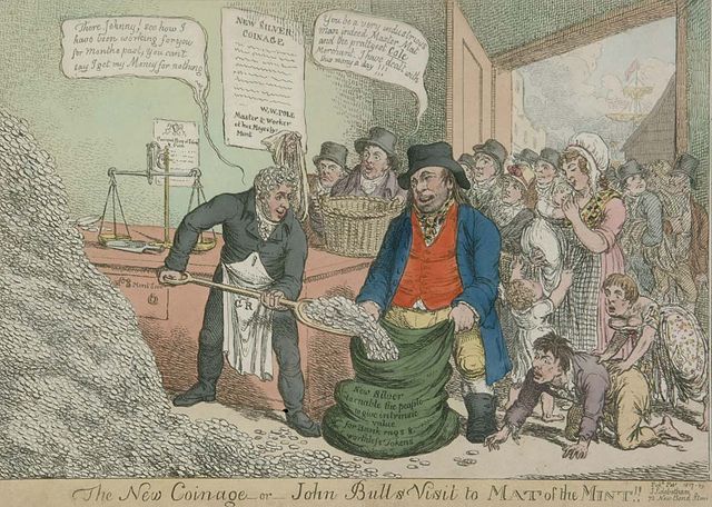 Image: "The New Coinage - or - John Bulls Visit to MAT of the MINT!!" (February 1817) By James Gillray.