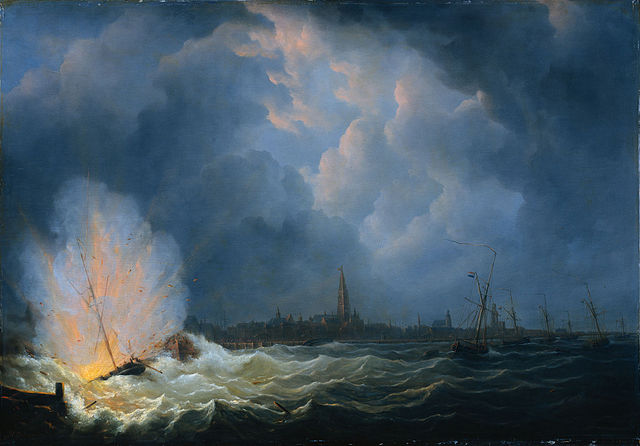 The explosion of gunboat nr. 2 under command of Jan van Speijk, Antwerp, february 5, 1831 (painting)