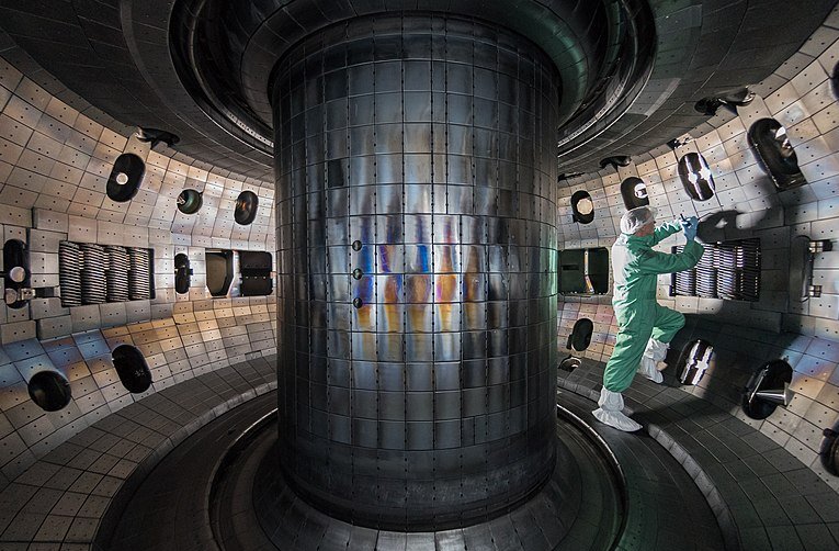 A worker inside the DIII-D vacuum vessel during a maintenance period in 2017