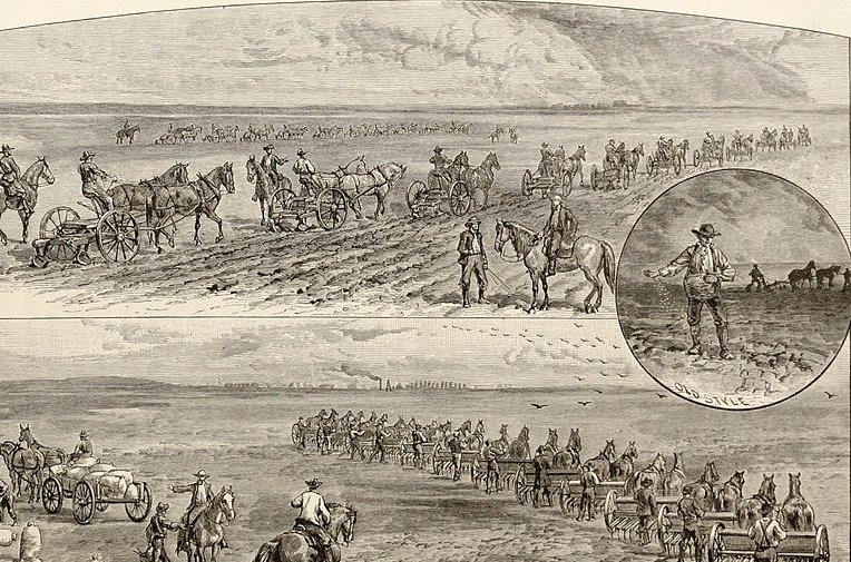 Ploughing and seeding wheat in the American West (1881)