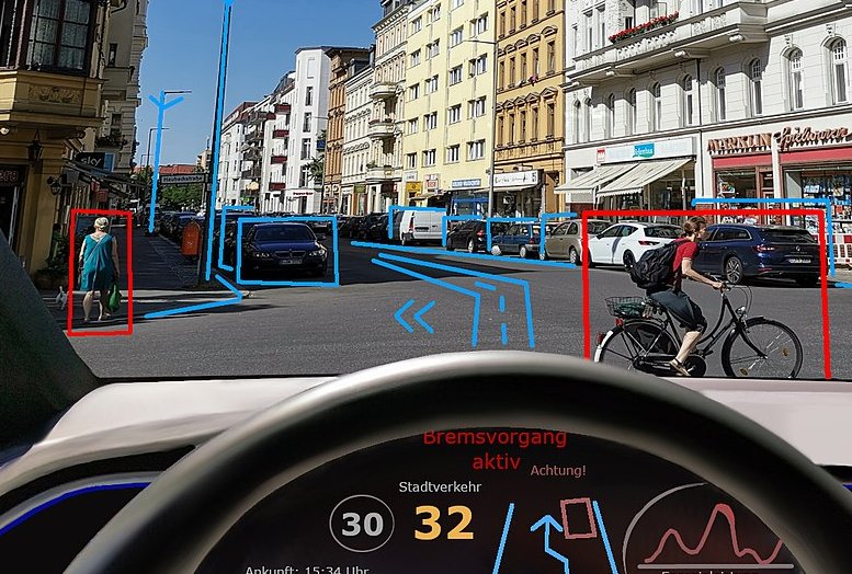 Picturization of self driving car from drivers perspective, active breaking and obstacle reconnaissance