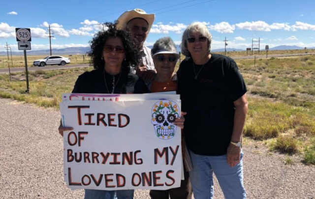 Tina Cordova (left) demonstrating near the Trinity test site in 2018. (Facebook/Tularosa Basin Downwinders Consortium)