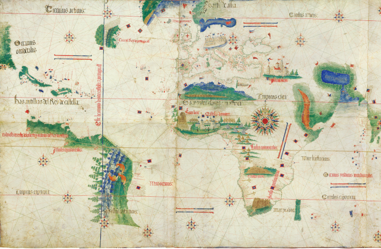 The Cantino planisphere of 1502 shows the line of the Treaty of Tordesillas.