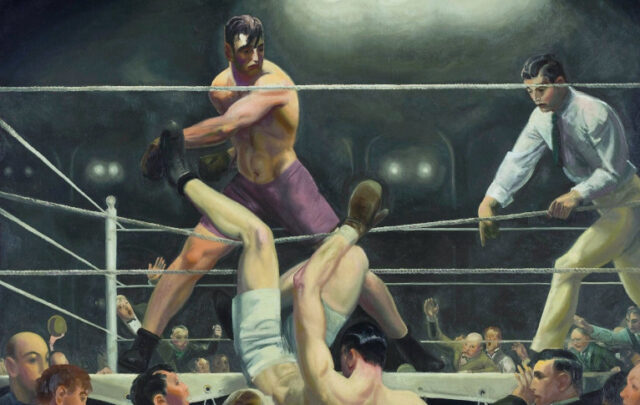 Painting of George Dempsey and Firpo match