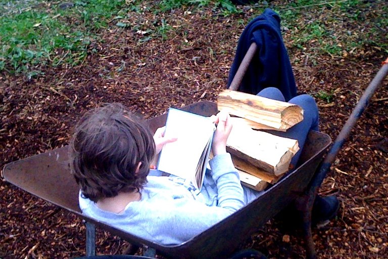 My daughter helps with the firewood while she catches up with her reading.