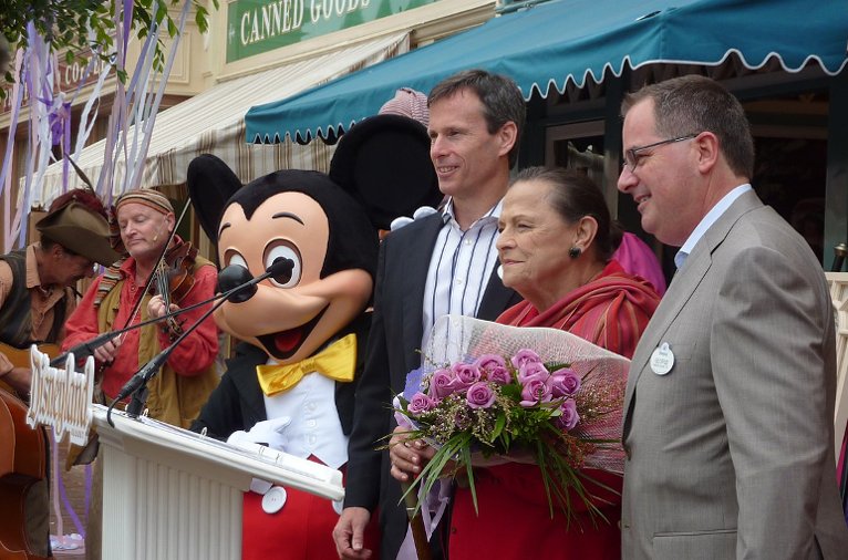 A costumed Micky Mouse at a ceremony at Disneyland honoring costume designer Alice Davis.