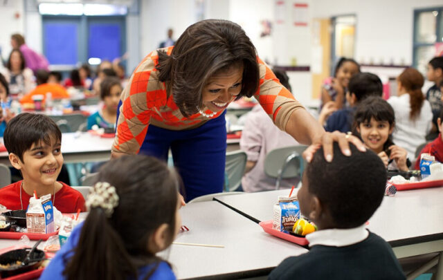 First Lady Michelle Obama students at lunch