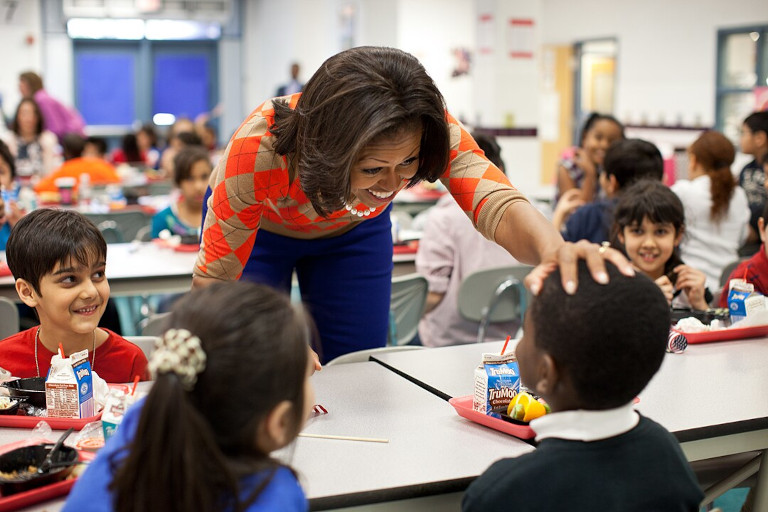 First Lady Michelle Obama students at lunch