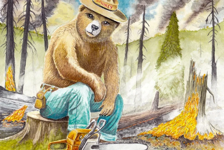 Smoky the Bear with chainsaw