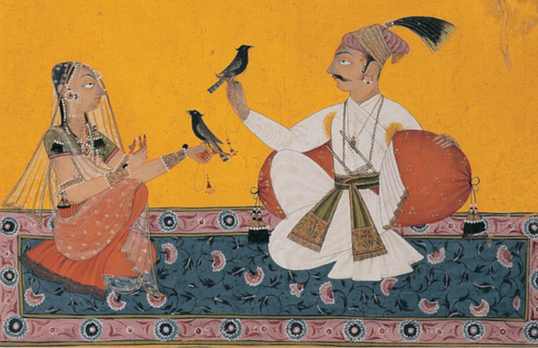 Hindu picture of humans with songbirds